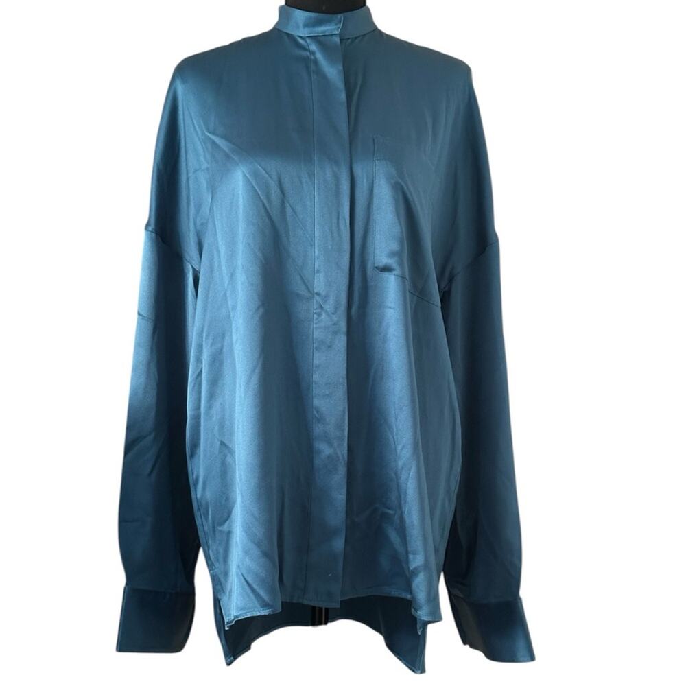 Haider Ackermann Peacock Teal Silk Charmeuse Oversized Shirt FR 34 Nehri Collar